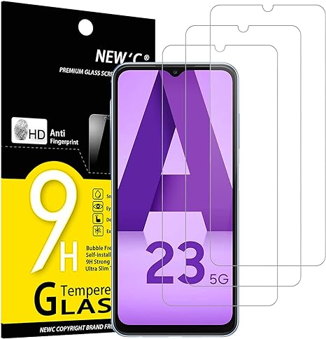 NEW'C 3 Pezzi, Vetro Temperato per Samsung Galaxy A23 4G, Samsung Galaxy A23 5G, Pellicola Prottetiva Anti Graffio, Anti-Impronte, Senza Bolle, Durezza 9H, 0,33mm Ultra Trasparente, Ultra Resistente