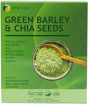 Fine USA Green Barley Grass Juice Powder w/Chia Seeds from Japan | Greens Blend w/Kale, Aojiru, Bitter Gourd | Antioxidants & Fiber | Supports Metabolism | Gluten-Free Non-GMO Vegan (1 Pack)