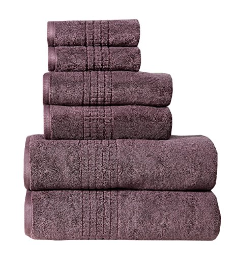 Dream Castle Linens 650 GSM Luxury 6-Piece 100% Long Staple Combed Cotton Bath Towel Set(PLUM); 2 Bath Towels,2 Hand Towels,2 Washcloths,Hotel & Spa Towels,MOSAIC,Terry,Soft & Absorbent by