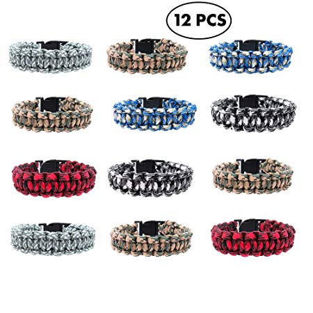Paracord Bracelets for Men, Boys, Kids 12 PCs - Camo Survival Tactical Bracelet Braided with 550 lbs Parachute Cord - Camping Gifts, Scouts Accessories - Military Gear- Army Theme Party Favors