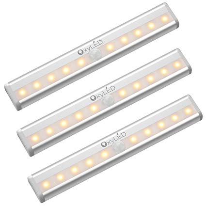 Motion Sensor Closet Lights, OxyLED Under Cabinet Light, DIY Stick-on Anywhere Wireless 10 LED, Battery Operated Night Light Bar, Safe Lights with Magnetic Strip, 3 Pack