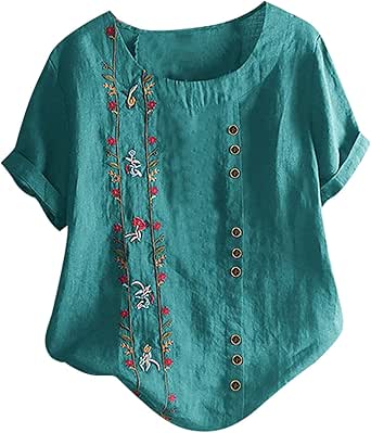 Womens Retro Cotton and Linen Embroidery Loose Short Sleeved Casual Shirt Womens Tshirt Junior Long Sleeve Tee