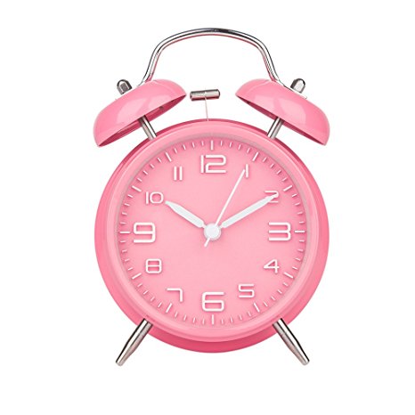 Peakeep 4" Twin Bell Pink Alarm Clock, Battery Operated, Loud