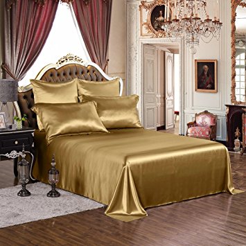 THXSILK 1 Pc Silk Flat Sheet, 19 Momme Silk Bed Sheet with Fine Embroidery, Ultra Soft Pure Mulberry Silk Bedding- Hypoallergenic, Machine Washable, Durable- Queen Size, Metallic Gold