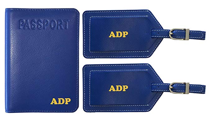 Personalized Monogrammed Cobalt Blue Leather RFID Passport Cover Holder and 2 Luggage Tags