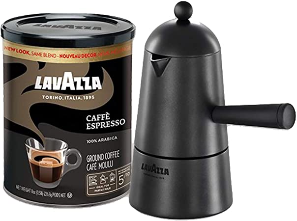 Lavazza Carmencita Gift Pack, Stovetop Maker & Caffè Espresso 8 Oz. Tin Can, Black