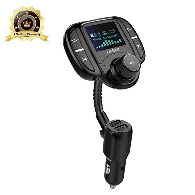 LASAR Bluetooth FM Transmitter,Wireless Radio Adapter Hands-Free Calling Car Kit QC3.0 and Smart Dual USB Port W 1.7” Display, Support USB Drive,AUX Input/Output, TF Card MP3 Player