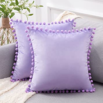 Top Finel Decorative Throw Pillow Covers with Pom Poms Soft Particles Velvet Solid Cushion Covers 16 X 16 for Couch Bedroom Car,Set of 2,Lavender Purple