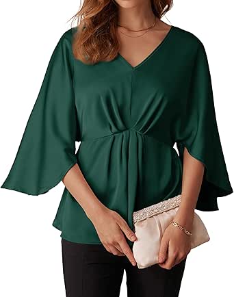 GRACE KARIN Women's Satin Silk Peplum Top Ruffle 3/4 Sleeve Tops for Women Dressy Work Blouses for Women