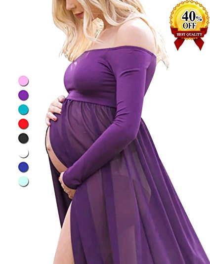 Maternity Off Shoulder Chiffon Gown Split Front Maxi Photography Dress for Photo Shoot