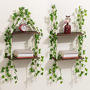 2 Macrame Wall Hanging Shelves with Fake Ivy Leaves,Boho Room Decor Handmade Cotton Rope,2 Tier Wooden Hanging Storage Floating Shelves for Small Plants,Living Room Bedroom