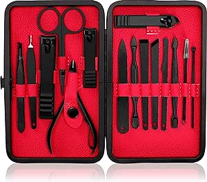 Utopia Care - 15 in 1 Stainless Steel Professional Manicure Pedicure Set Nail Clippers Kit – Portable Travel Grooming Kit - Facial, Cuticle and Nail Care for Men and Women (Red)