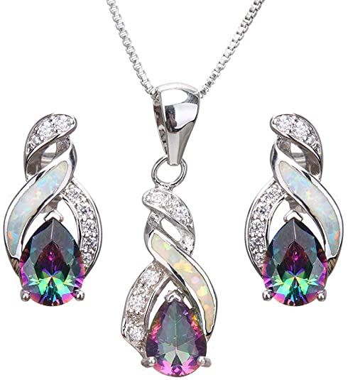 Hermosa Jewelry Sets Australian Opal Blue Sapphire Necklace Earrings