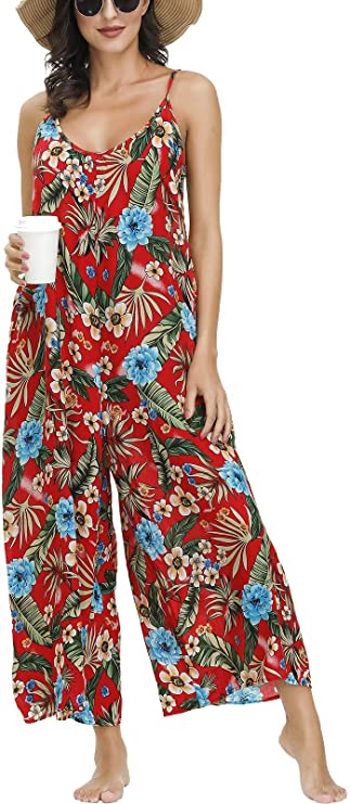 BUENOS NINOS Women's V Neck Floral Maxi Dress Boho Printed Adjustable Spaghetti Strap Ethnic Beach Long Dress with Pockets