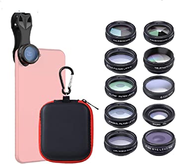 Phone Camera Lens Kit with 0.63X Wide Angle   15X Macro   198°Fisheye   2X Telephoto   CPL   Star Filter   Radial Filter   Flow Filter   Kaleidoscope 3   Kaleidoscope 6 Compatible with Android iPhone