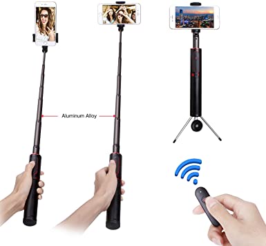 Selfie Stick Tripod Stand, Bluetooth Tripod Stand Wireless Remote Compatible with Android Apple Cellphone Smartphone iPhone x Plus 6 7 8 S5 S6 S7 Google Huawei (Black - Red)