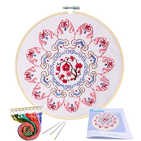 Full Range of Embroidery Starter Kit with Pattern, Kissbuty Cross Stitch Kit Including Embroidery Cloth with Floral Pattern, Bamboo Embroidery Hoop, Color Threads and Tools Kit (Pink Mandala)