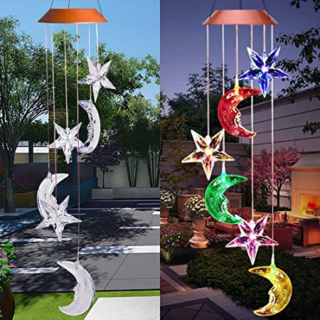 Acexy LED Solar Moon and Star Wind Chime Outdoor with Hook Solar Powered and USB Charging, Waterproof Changing Light Color Mobile Romantic Star Moon Windchime Gifts for Mom (Star, Green)