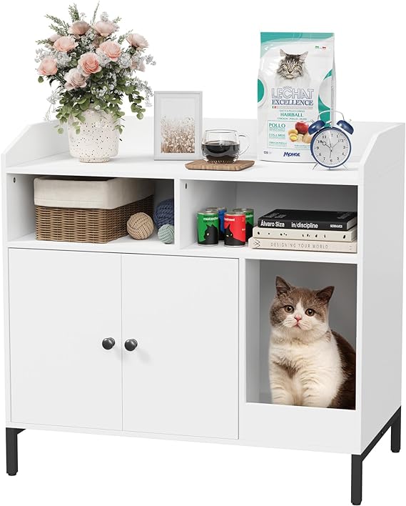 Lifewit Litter Box Enclosure, Hidden Litter Box Furniture, Wooden Cat Washroom with Scratching Pad, Double Door, Large Open Storage Shelf for Living Room, Bedroom, Easy Assembly, White