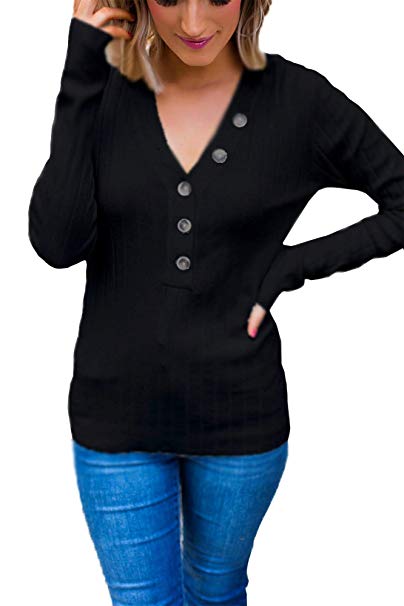 Cashsun Womens V Neck Henley Shirts Long Sleeve Ribbed Button Down Basic Tops Tees