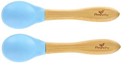 Avanchy Baby Toddler Organic Bamboo Feeding Spoons. Soft Tip Utensils, Bpa Free Silicone Set, Blue, 5.5" L X 1.5" W (Pack of 2)