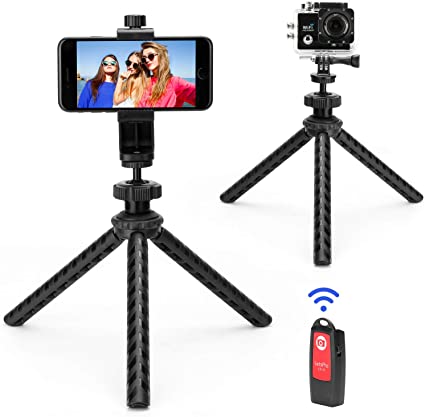 MOCREO Phone Tripod with Wireless Remote. Adjustable Camera Stand Holder, Flexible Tripod with Universal Phone Clip. Compatible with iPhone, Android Phone, Camera, Sports Camera GoPro