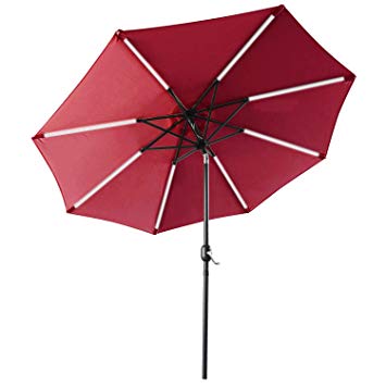 ABCCANOPY Patio Umbrella Solar Powered Outdoor Umbrella, 9 FT Market Umbrella 8 Ribs with Solar LED Light Bars, Push-Button Tilt and Crank (Burgundy)