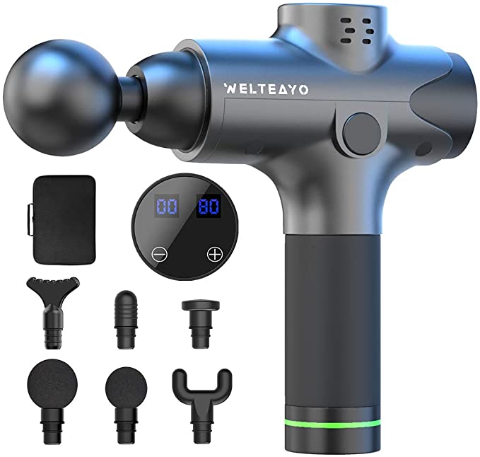 Muscle Massage Gun, [2nd Gen] WELTEAYO Handheld Deep Tissue Percussion Massage Gun, Ultra-Quiet Muscle Relief Massage Device, 20 Speed Modes, Muscle Massager with 6 Heads and LCD Display, Grey