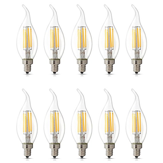 10 Pack E12 LED Dimmable 4W Warm White 2700K, C35 Bent Tip Flame Shape, Vintage Led Chandelier Light Bulbs, 40w Candelabra Halogen Bulb, LED Candle Filament Bulb Light