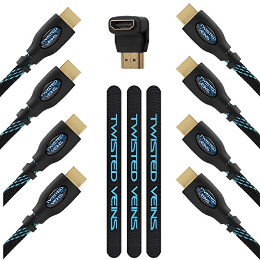 Twisted Veins High Speed HDMI Receiver Pack (includes Three 3' and One 10' cables)   Right Angle Adapter and Velcro Cable Ties (Latest Version Supports Ethernet, 3D, and Audio Return)