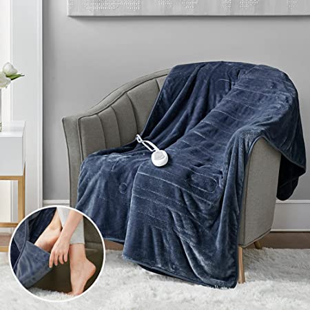Soft Plush Electric Heated Blanket Throw with Foot Pocket | Navy Blue 50 x 62 | 3 Heat Settings with 2 Hour Auto Shut Off, UL Certified | Machine Washable ﻿