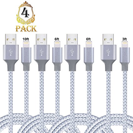 iPhone Cable,HWTONG Lightning Cable 4Pack 3FT 6FT 6FT 10FT to USB Syncing and Charging Cable Data Nylon Cord for iPhone X/8/8 Plus/7/7 Plus/6s/6s Plus/6/6 Plus,iPad,iPod and more (Grey White)