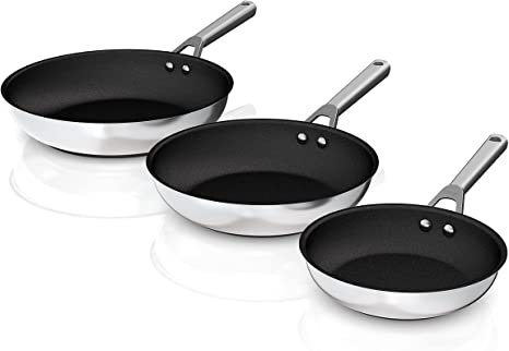 Ninja C63000 Foodi NeverStick Stainless 8-Inch, 10 1/4-Inch, & 12-Inch Fry Pan 3 Pack Set, Stainless Steel