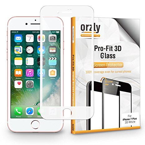 Screen Protector iPhone 7 Plus, Orzly 3D Pro-Fit Tempered Glass Screen Protector [Full Screen Cover] for iPhone 7 Plus – [3D Curved Edges For Seamless Fit] WHITE Rim Version