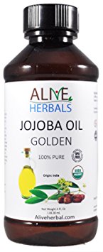 Alive Herbals Organic 100% Pure Cold Pressed Unrefined Golden Jojoba Oil Therapeutic Grade Liquid Carrier Oil For Aromatherapy Relaxing Massage and Diluting Essential Oils (4 Oz)