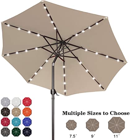 ABCCANOPY 11FT Patio Umbrella Ourdoor Solar Umbrella LED Umbrellas with 32LED Lights, Tilt and Crank Table Umbrellas for Garden, Deck, Backyard and Pool,12 Colors, (Khaki)