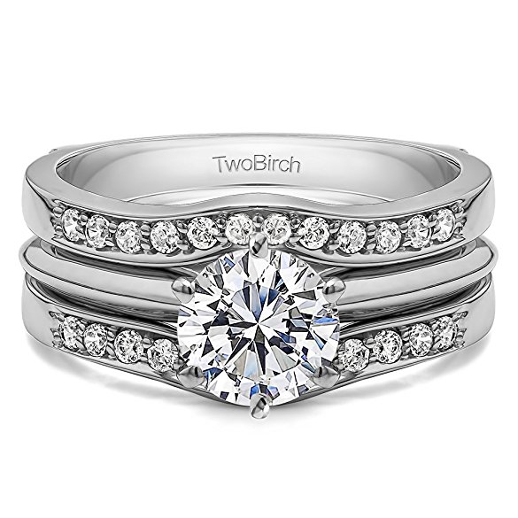 Wedding Ring Guard Set Includes: 1 CT. Round CZ Solitaire With Silver Guard With CZ