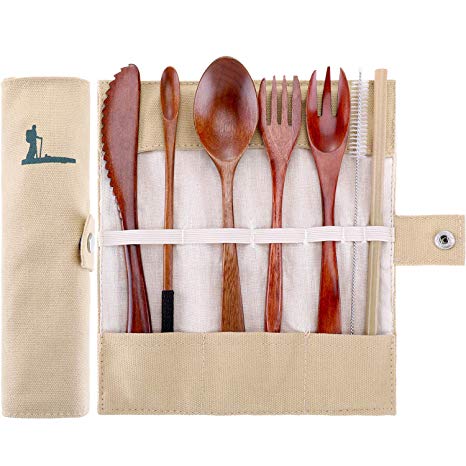 Boao 7 Pieces Wooden Cutlery Bamboo Travel Utensils Set, Include Knife, Fork, Spoon, Coffee Spoon, Wooden Straw and Straw Brush with Bag (Paint Color with Khaki Bag)