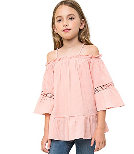 Mrignt Big Girls Cotton Casual Sling Off Shoulder Blouses 3/4 Speaker Sleeves Tops