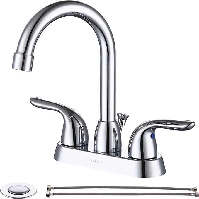 SOKA Two Handles Centerset Bathroom Faucet for Sink High Arc Stainless Steel with Deck Plate & Pop-Up Drain Assembly Fit 3 Hole Installation Chrome