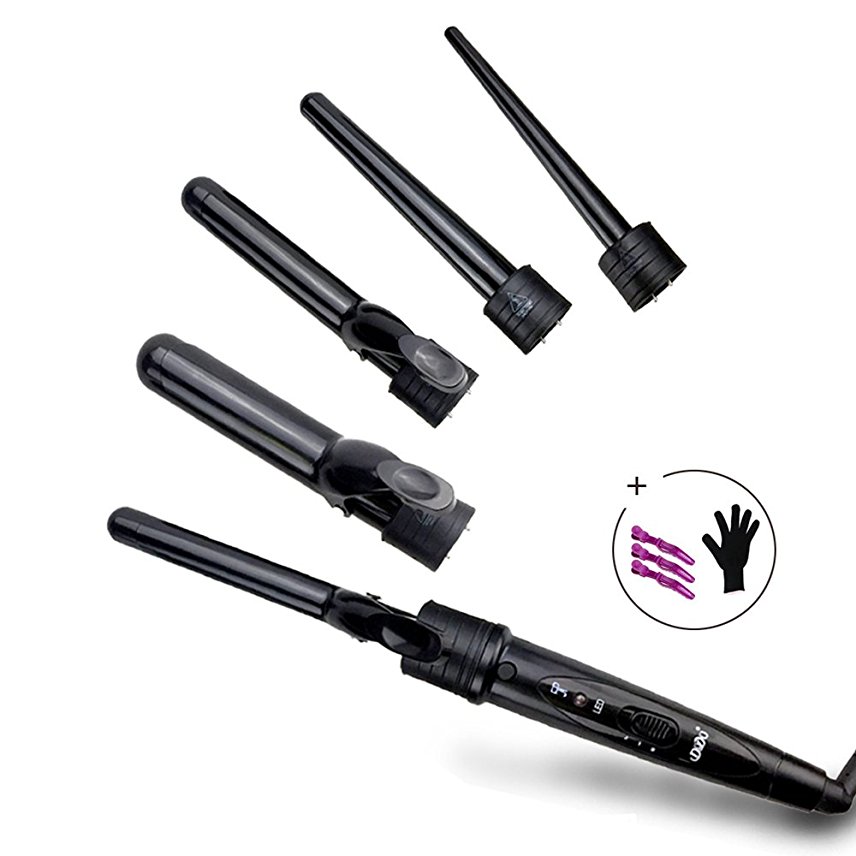 Hann 5 in 1 Hair Curler,Professional Curling Wand,Tourmaline Ceramic Hair Curler Set Roller Iron with 5 Interchangeable Barrels with Clips and Heat Resistant Glove