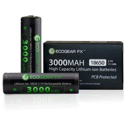 EcoGear FX 18650 3000mAh Rechargeable Lithium-ion Batteries 2-Pieces with Protection Circuit Board PCB Designed for Flashlights