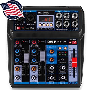 Professional Wireless DJ Audio Mixer - 6-Channel Bluetooth Compatible DJ Controller Sound Mixer w/DSP Effects, USB Audio Interface, Dual RCA in, XLR/1/4 Microphone in, Headphone Jack - Pyle PMX44T