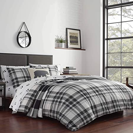 Eddie Bauer Home | Coal Creek Collection | 100% Cotton Soft & Cozy Premium Quality Plaid Comforter with Matching Shams, 3-Piece Bedding Set, King, Grey