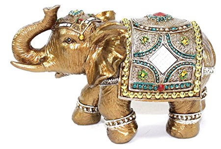 Feng Shui 7" Medium Gold Color Elegant Elephant Trunk Statue Lucky Figurine House Warming Gift & Home Decor