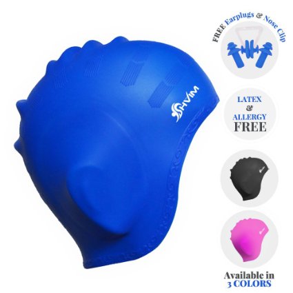 Swim Cap For Women Men For Long Hair With Ear Protect Pouch Design - Allergy Free Waterproof Premium Anti Rip Silicone Bathing Beach Cap Hat - Bundle Combo With Nose Clip   Pair Of Ear Plugs