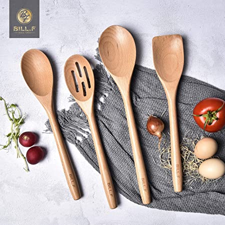 Wooden Spoons for Cooking Wooden Kitchen Utensil Set of 4 Beech Wood Non Scratch BILL.F Wooden Cooking Utensils Spatula Set Including Spoon, Turner and Slotted Spoon with Long Handle