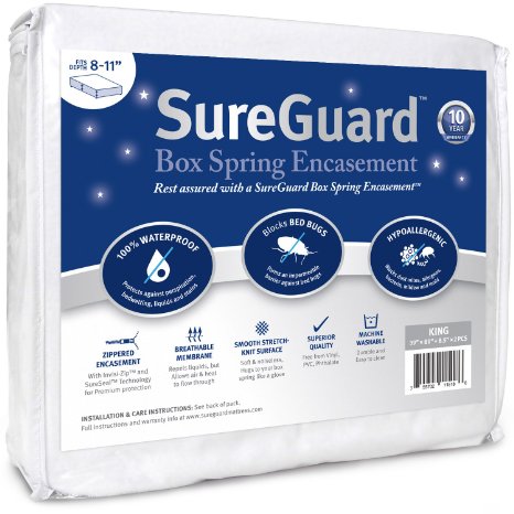 King Size SureGuard Box Spring Encasement - 100 Waterproof Bed Bug Proof Hypoallergenic - Premium Zippered Six-Sided Cover - 10 Year Warranty