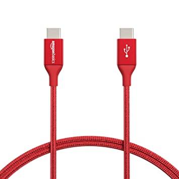 AmazonBasics Double Braided Nylon USB-C to USB-C 2.0 Fast Charging Cable, 3A - 91.5 cm, Red