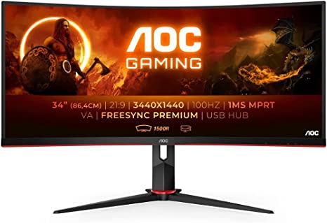 AOC Monitor Italia CU34G2/BK Monitor Gaming Curvo da 34", WQHD 3440 x 1440 a 100 Hz, HDMI, DisplayPort, FreeSync, Tempo di Risposta 1 ms, Nero/Rosso